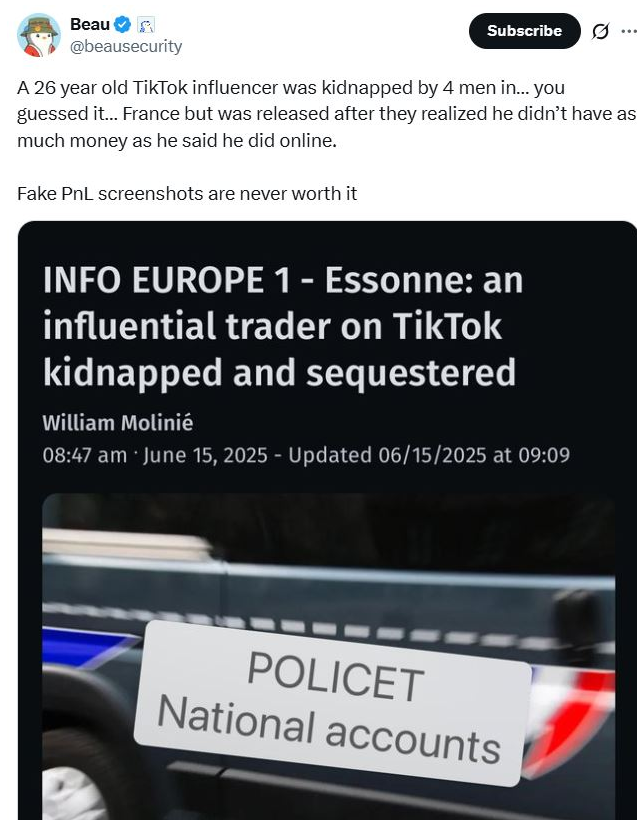 在绑匪意识到他破产后，TikTok加密交易员获释